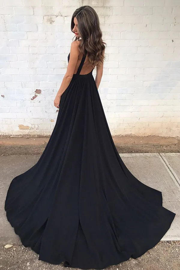 A-Line Deep V-Neck Court Train Sleeveless Backless Black Chiffon Prom Dress AHC666