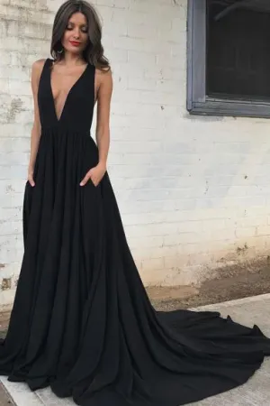 A-Line Deep V-Neck Court Train Sleeveless Backless Black Chiffon Prom Dress AHC666