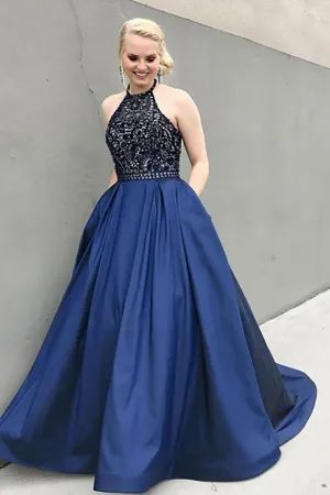 A-Line Jewel Sweep Train Royal Blue Satin Prom Dress with Beading Pockets LRA320