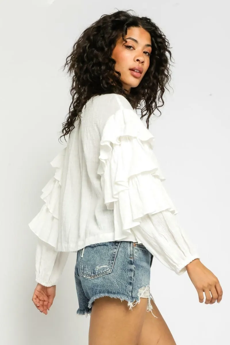 After Your Heart White Ruffled Sleeve Top