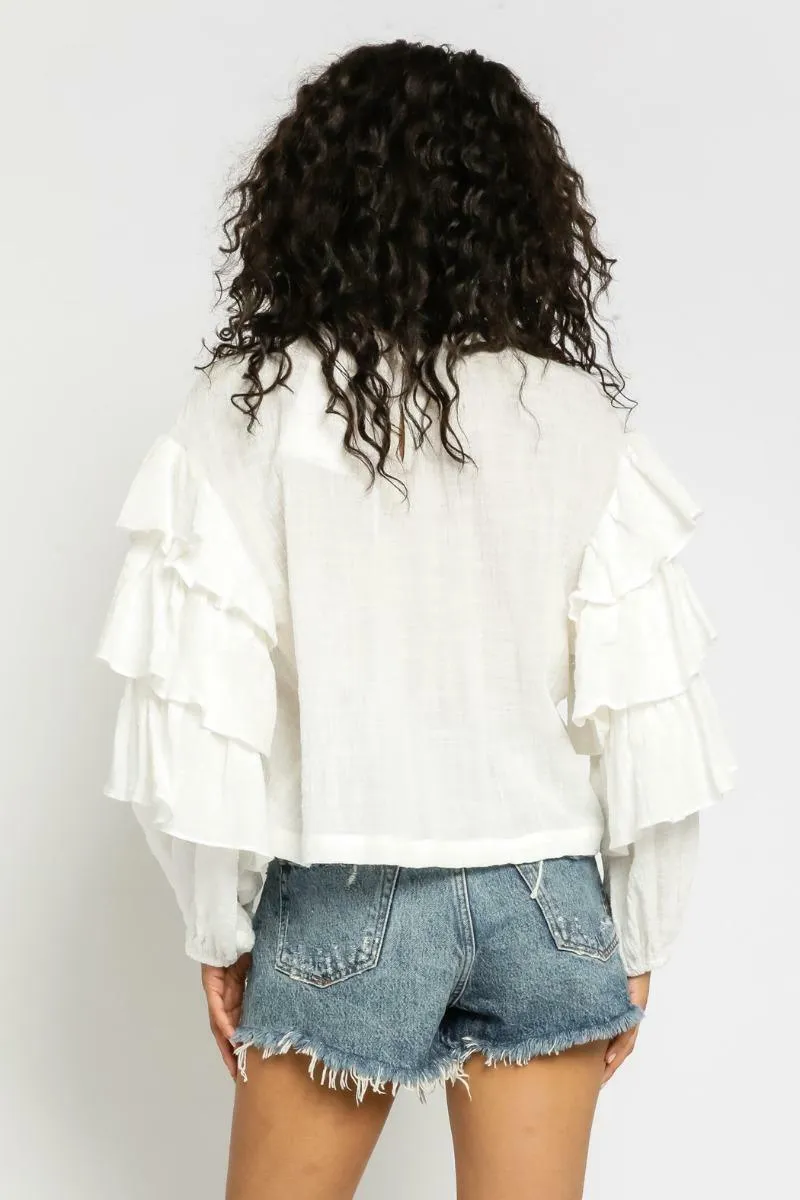 After Your Heart White Ruffled Sleeve Top