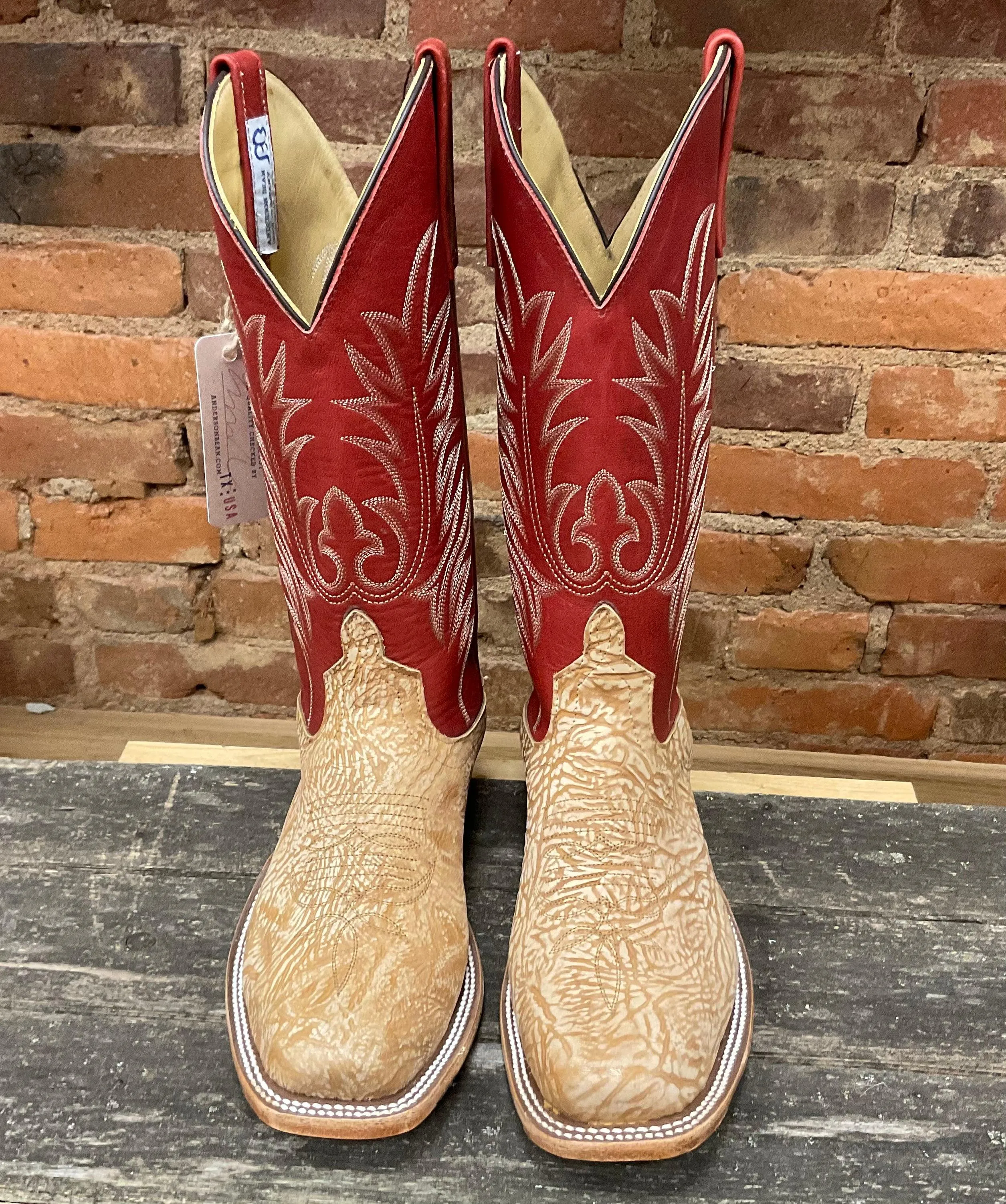 Anderson Bean Men's Tan Washed Shoulder & Red Fools Top Cutter Toe Cowboy Boots 335678