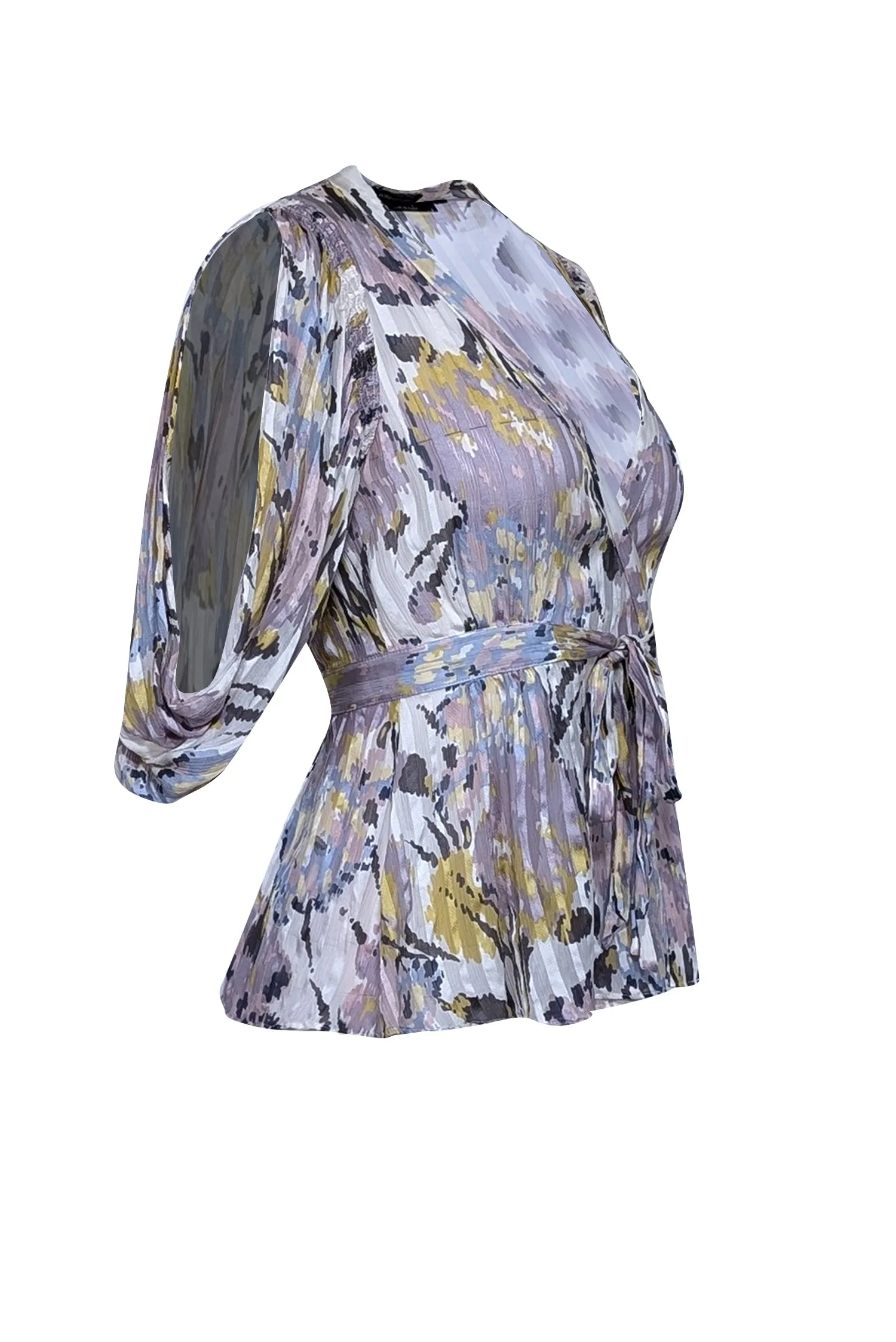 BCBG Max Azria - White w/ Pink & Green Print Silk Split Sleeve Blouse Sz S