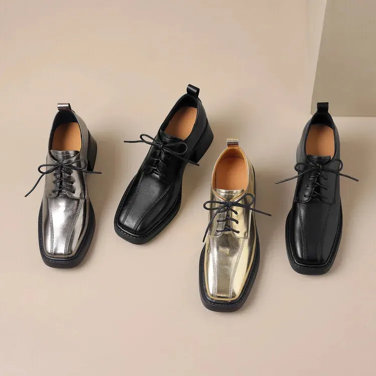 binfenxie New Spring Autumn Split Leather Women Loafers Square Toe Chunky Heel Lace High Heels Comfort Women Pumps Shoes for Women Silvery