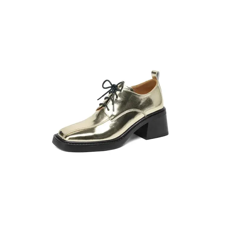 binfenxie New Spring Autumn Split Leather Women Loafers Square Toe Chunky Heel Lace High Heels Comfort Women Pumps Shoes for Women Silvery