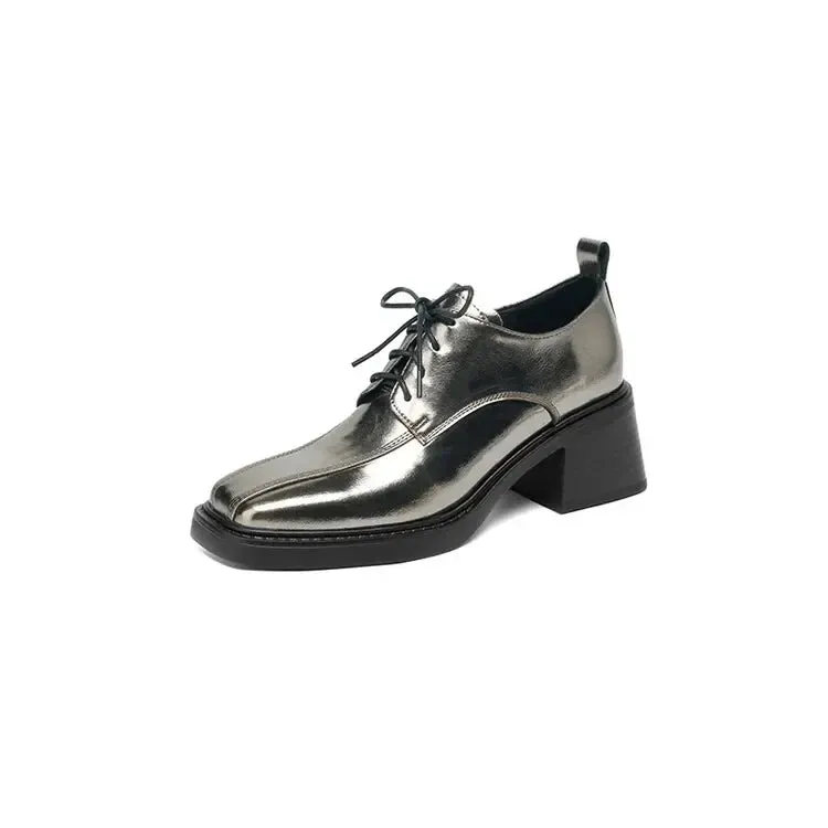 binfenxie New Spring Autumn Split Leather Women Loafers Square Toe Chunky Heel Lace High Heels Comfort Women Pumps Shoes for Women Silvery