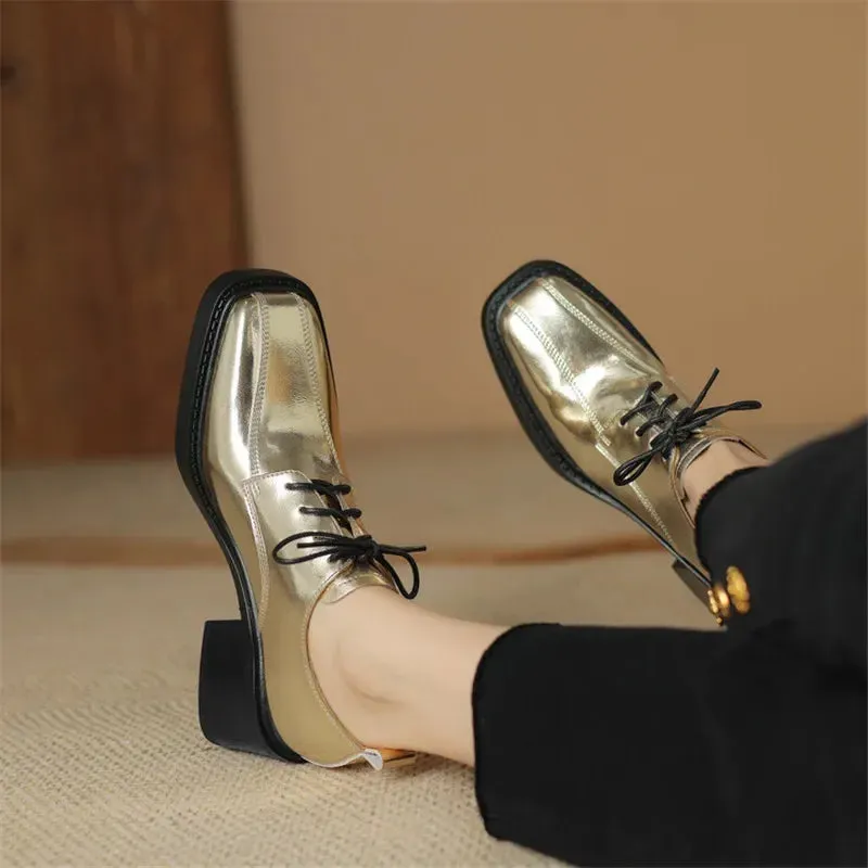 binfenxie New Spring Autumn Split Leather Women Loafers Square Toe Chunky Heel Lace High Heels Comfort Women Pumps Shoes for Women Silvery