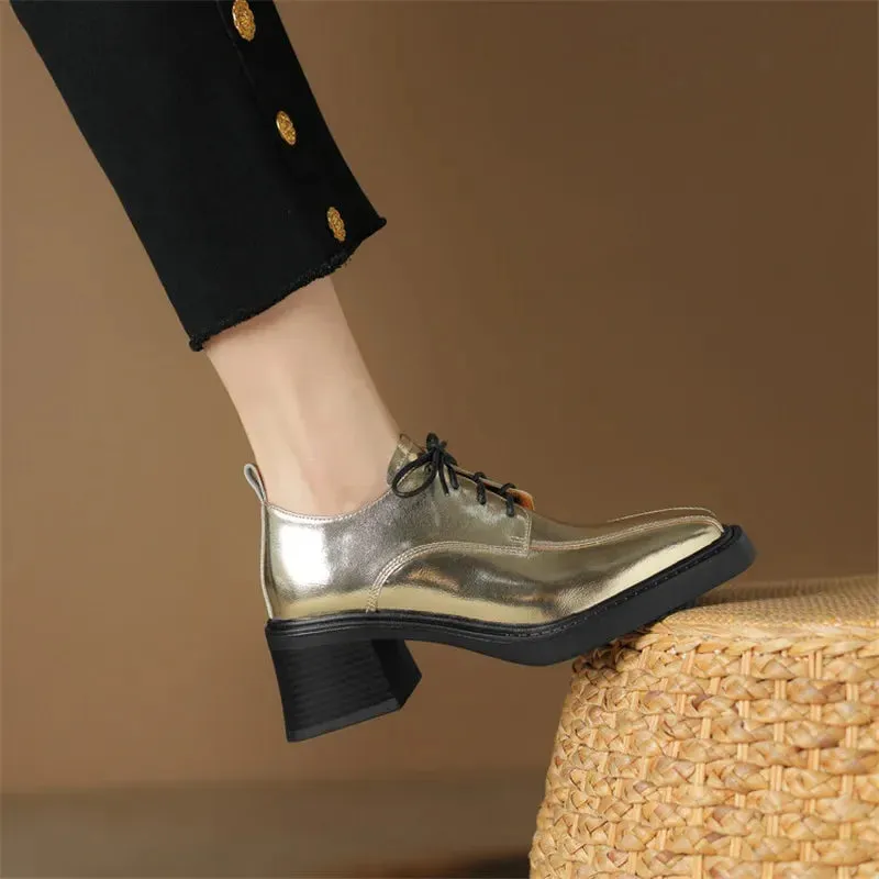 binfenxie New Spring Autumn Split Leather Women Loafers Square Toe Chunky Heel Lace High Heels Comfort Women Pumps Shoes for Women Silvery