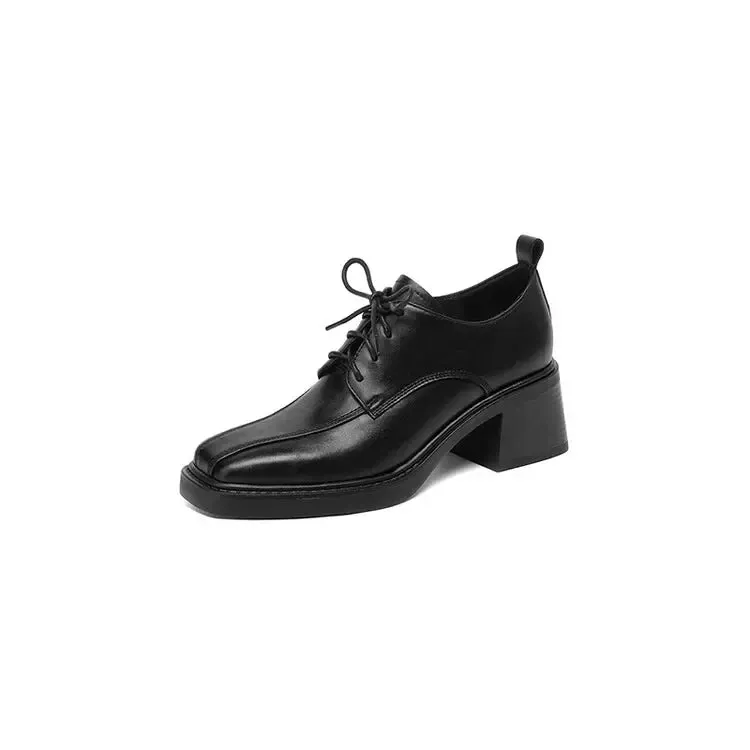 binfenxie New Spring Autumn Split Leather Women Loafers Square Toe Chunky Heel Lace High Heels Comfort Women Pumps Shoes for Women Silvery