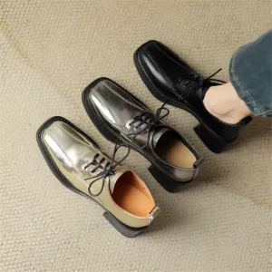 binfenxie New Spring Autumn Split Leather Women Loafers Square Toe Chunky Heel Lace High Heels Comfort Women Pumps Shoes for Women Silvery
