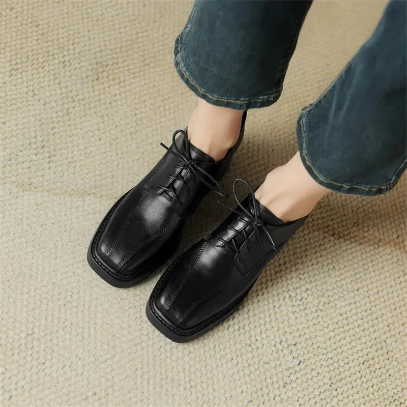 binfenxie New Spring Autumn Split Leather Women Loafers Square Toe Chunky Heel Lace High Heels Comfort Women Pumps Shoes for Women Silvery