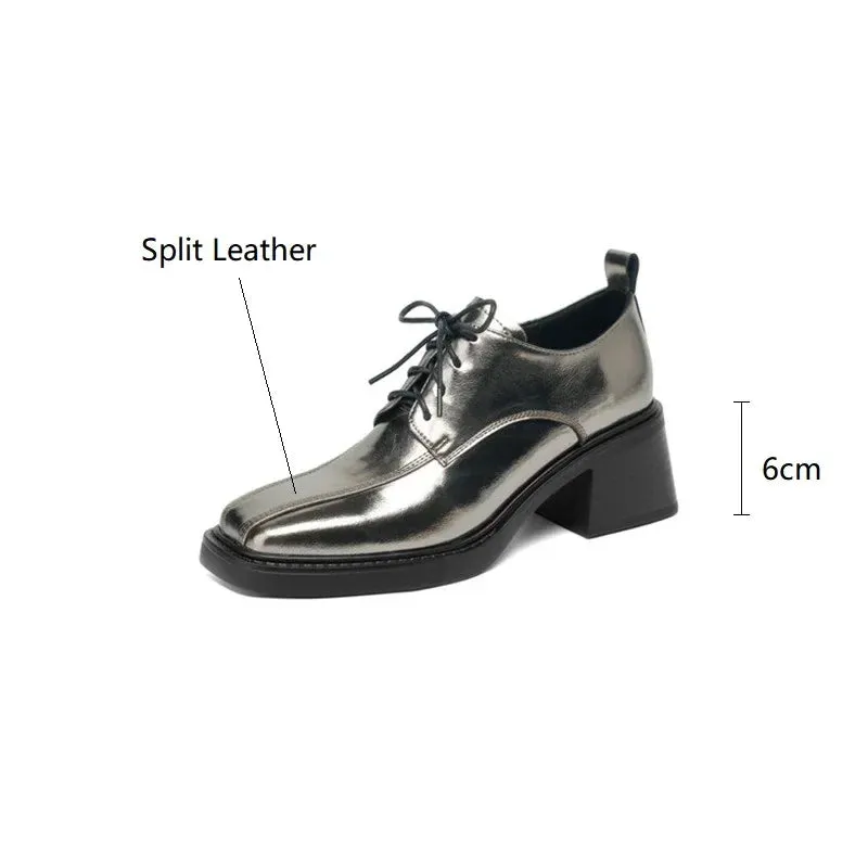 binfenxie New Spring Autumn Split Leather Women Loafers Square Toe Chunky Heel Lace High Heels Comfort Women Pumps Shoes for Women Silvery