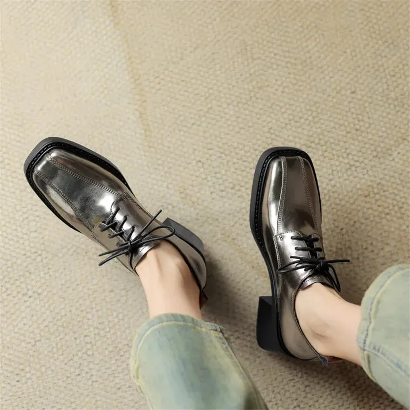 binfenxie New Spring Autumn Split Leather Women Loafers Square Toe Chunky Heel Lace High Heels Comfort Women Pumps Shoes for Women Silvery