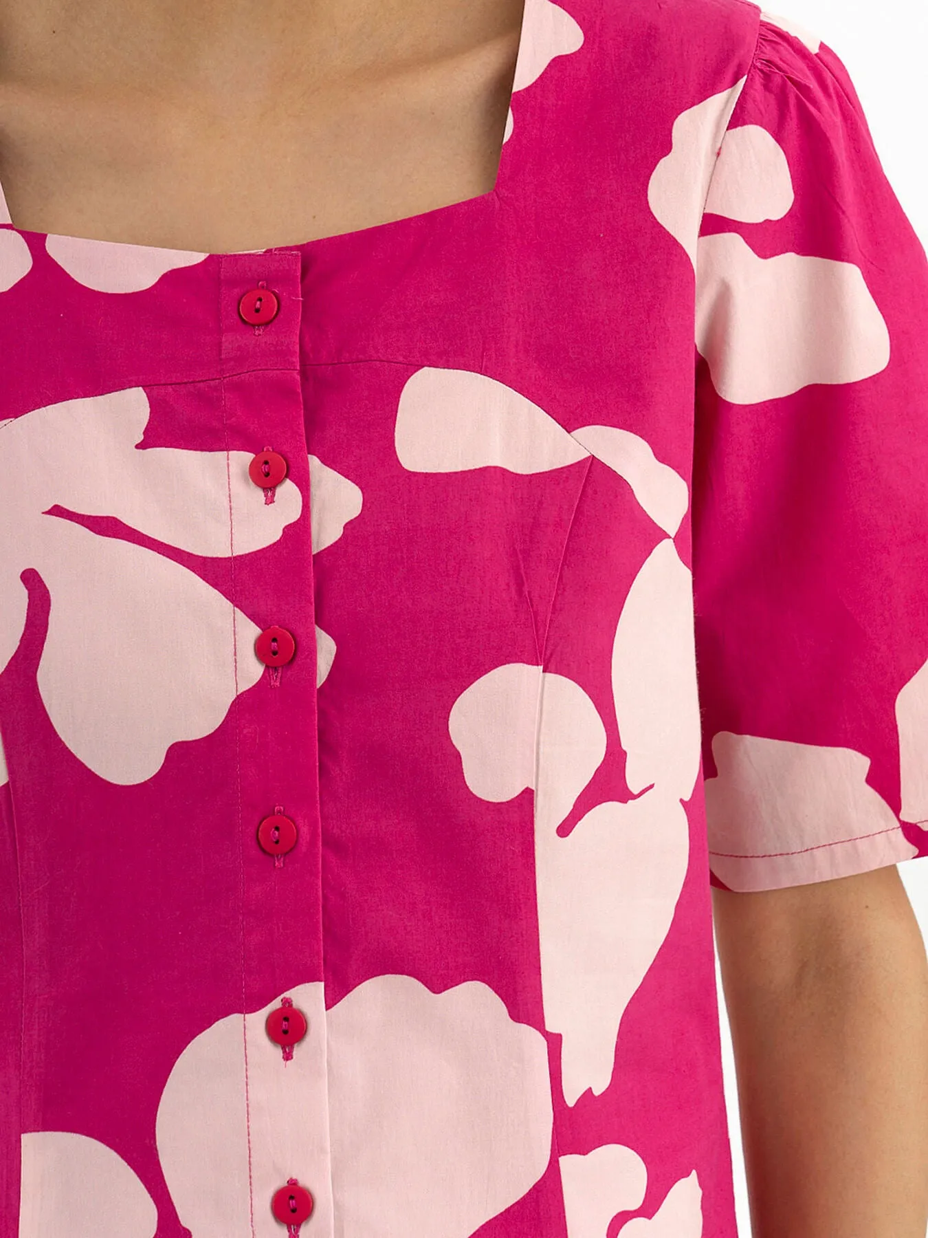Cotton Poplin Floral Square Neck Top - Pink