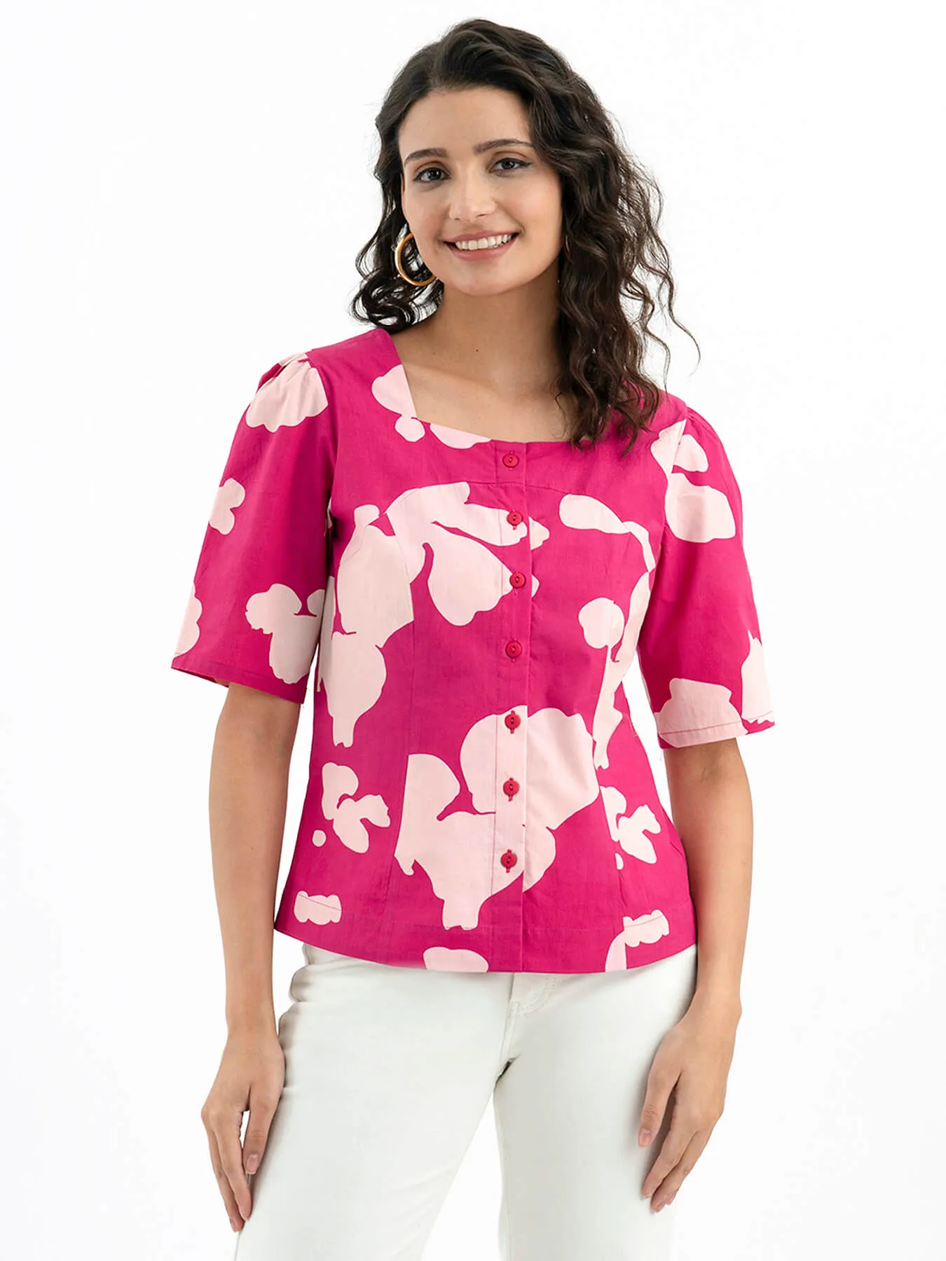 Cotton Poplin Floral Square Neck Top - Pink