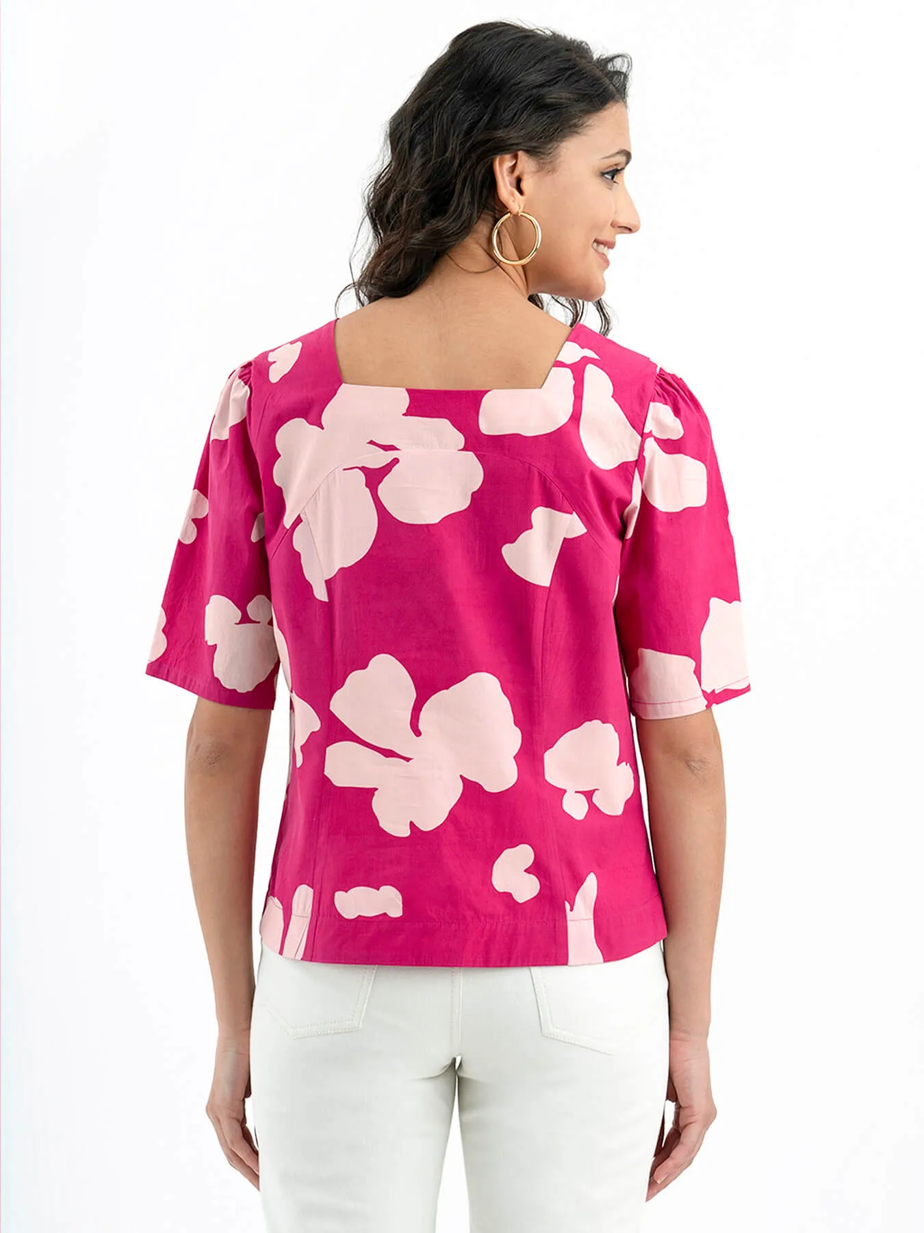 Cotton Poplin Floral Square Neck Top - Pink
