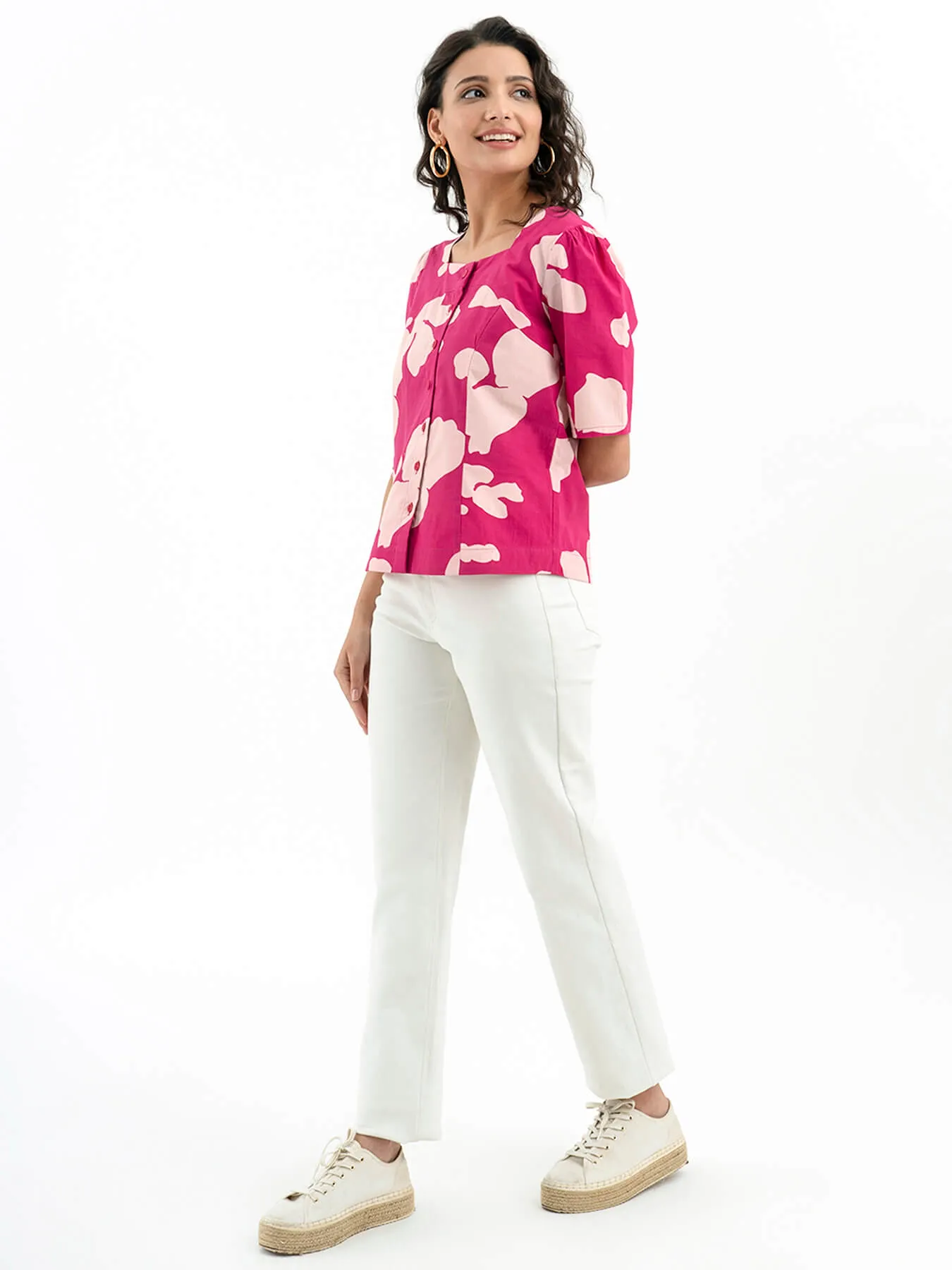 Cotton Poplin Floral Square Neck Top - Pink
