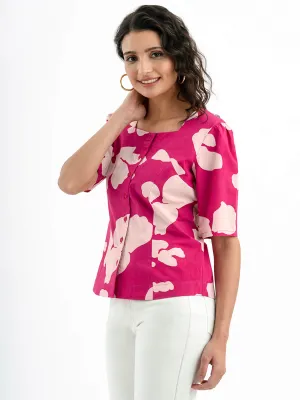 Cotton Poplin Floral Square Neck Top - Pink