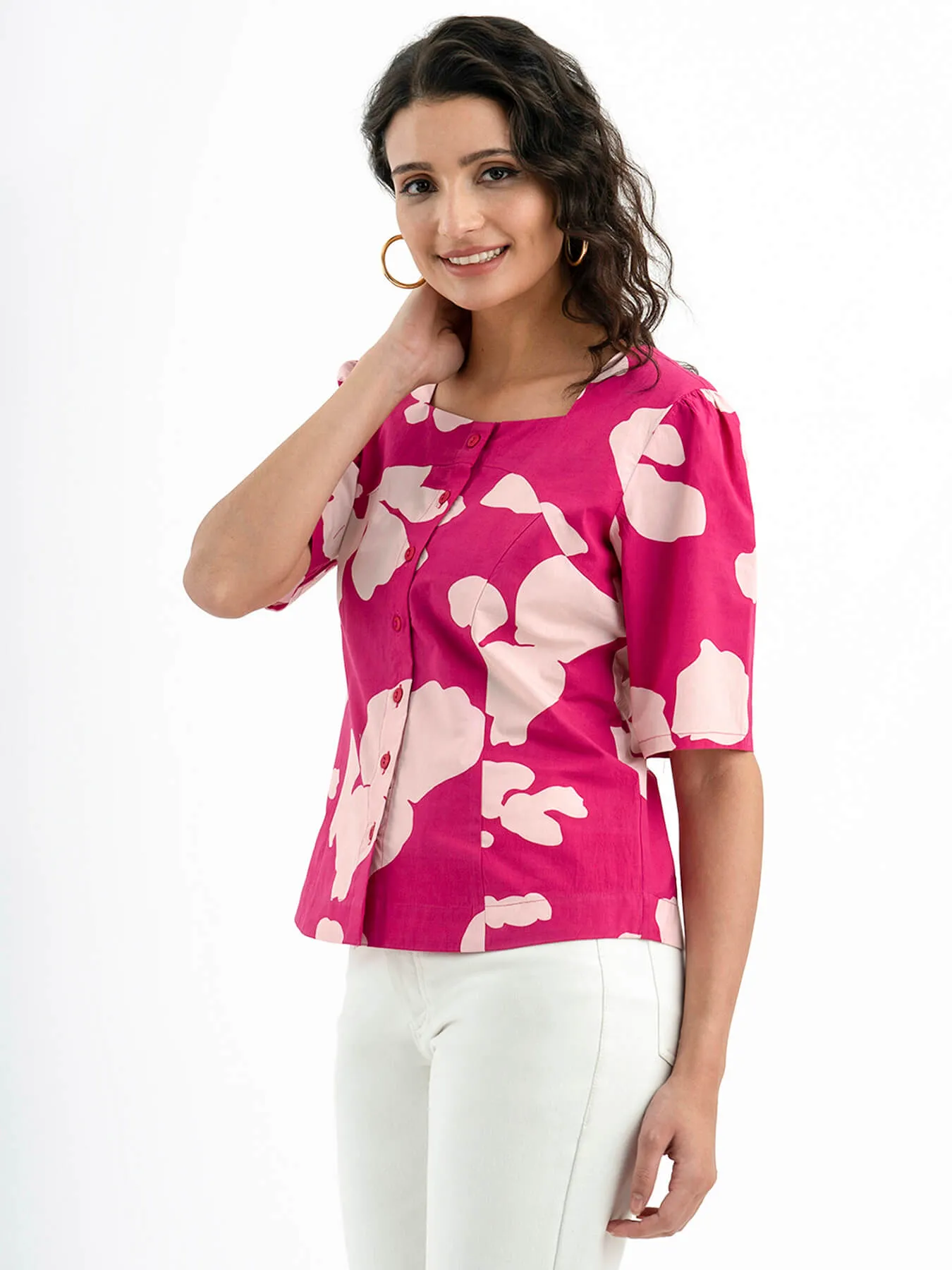 Cotton Poplin Floral Square Neck Top - Pink