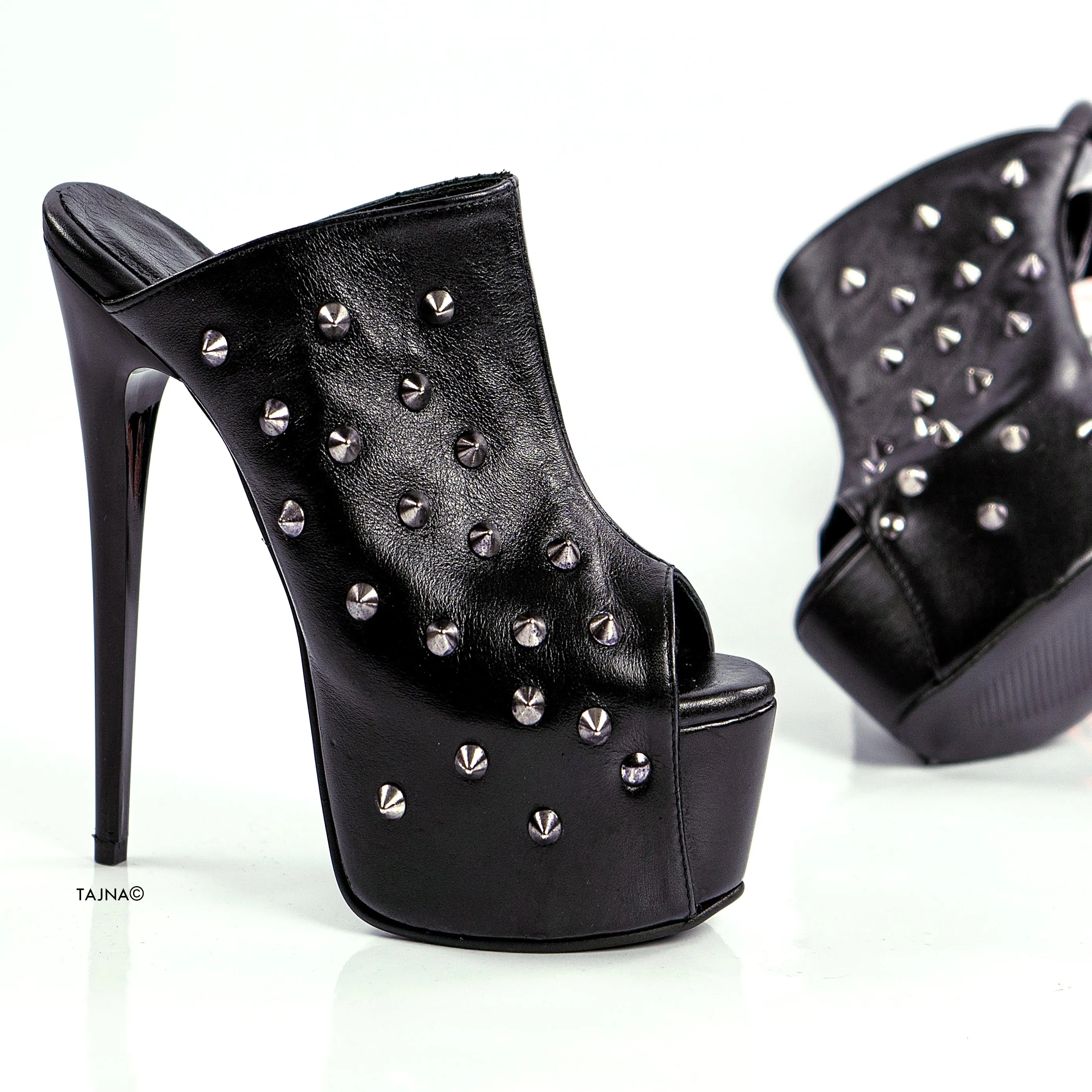 Genuine Leather Black Spike Stud Heel Mules