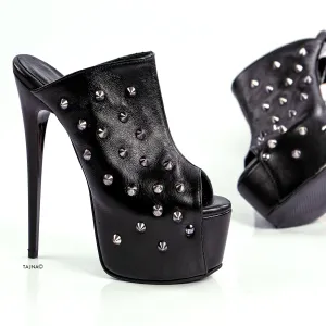 Genuine Leather Black Spike Stud Heel Mules