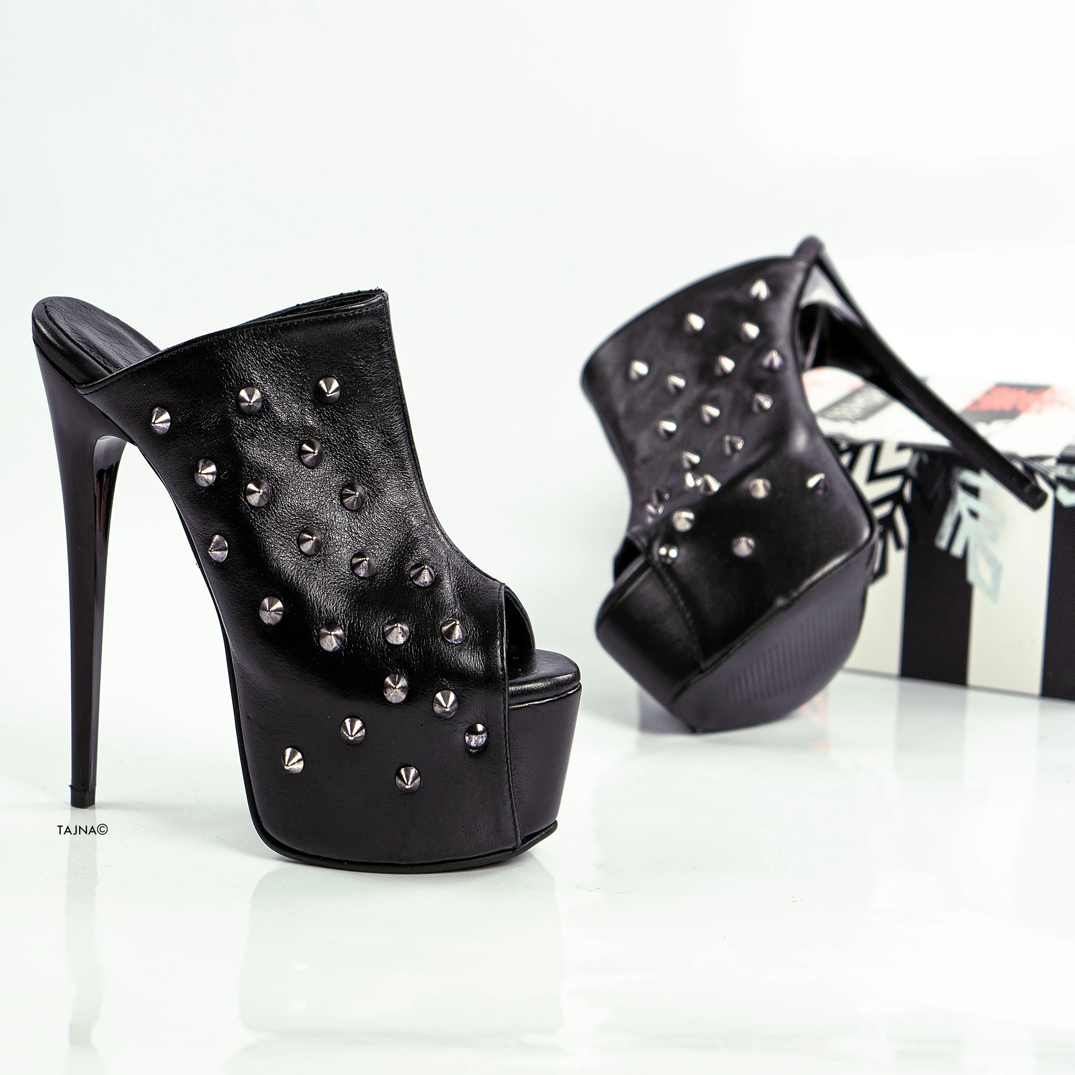 Genuine Leather Black Spike Stud Heel Mules