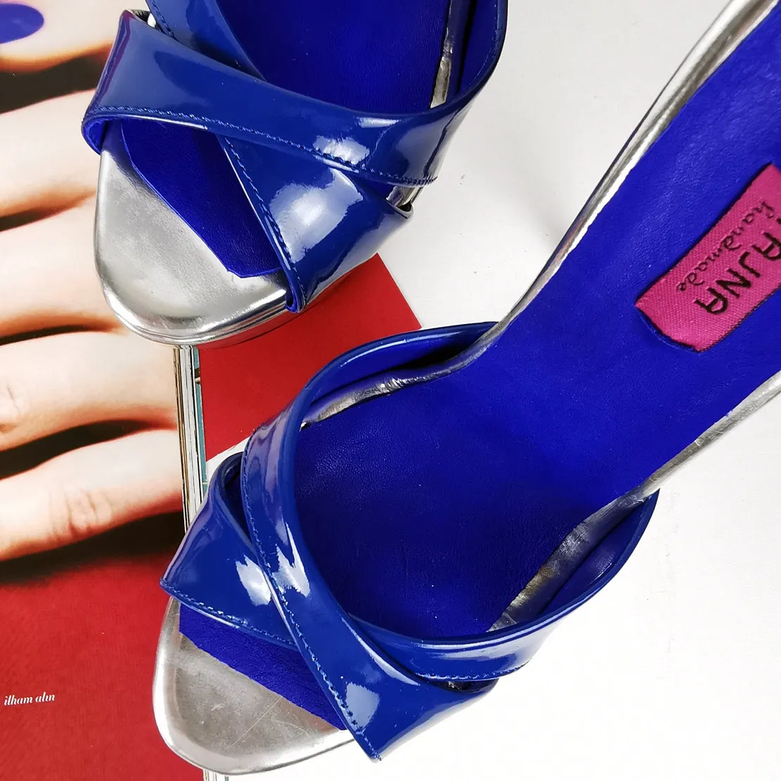 Genuine Leather Blue Silver Heel Mules