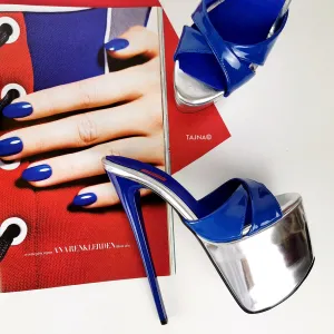 Genuine Leather Blue Silver Heel Mules