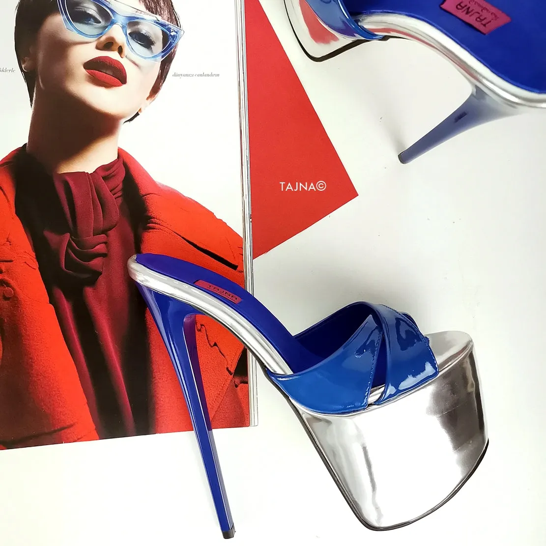 Genuine Leather Blue Silver Heel Mules