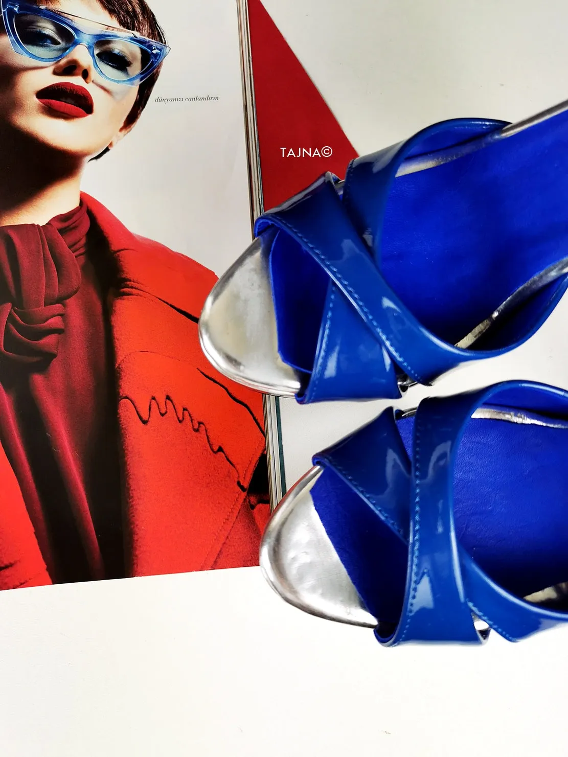 Genuine Leather Blue Silver Heel Mules