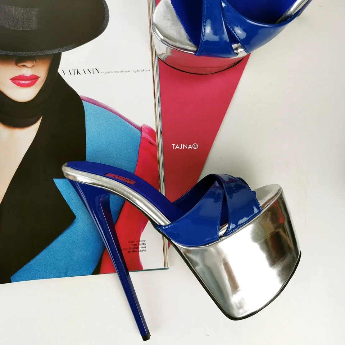 Genuine Leather Blue Silver Heel Mules