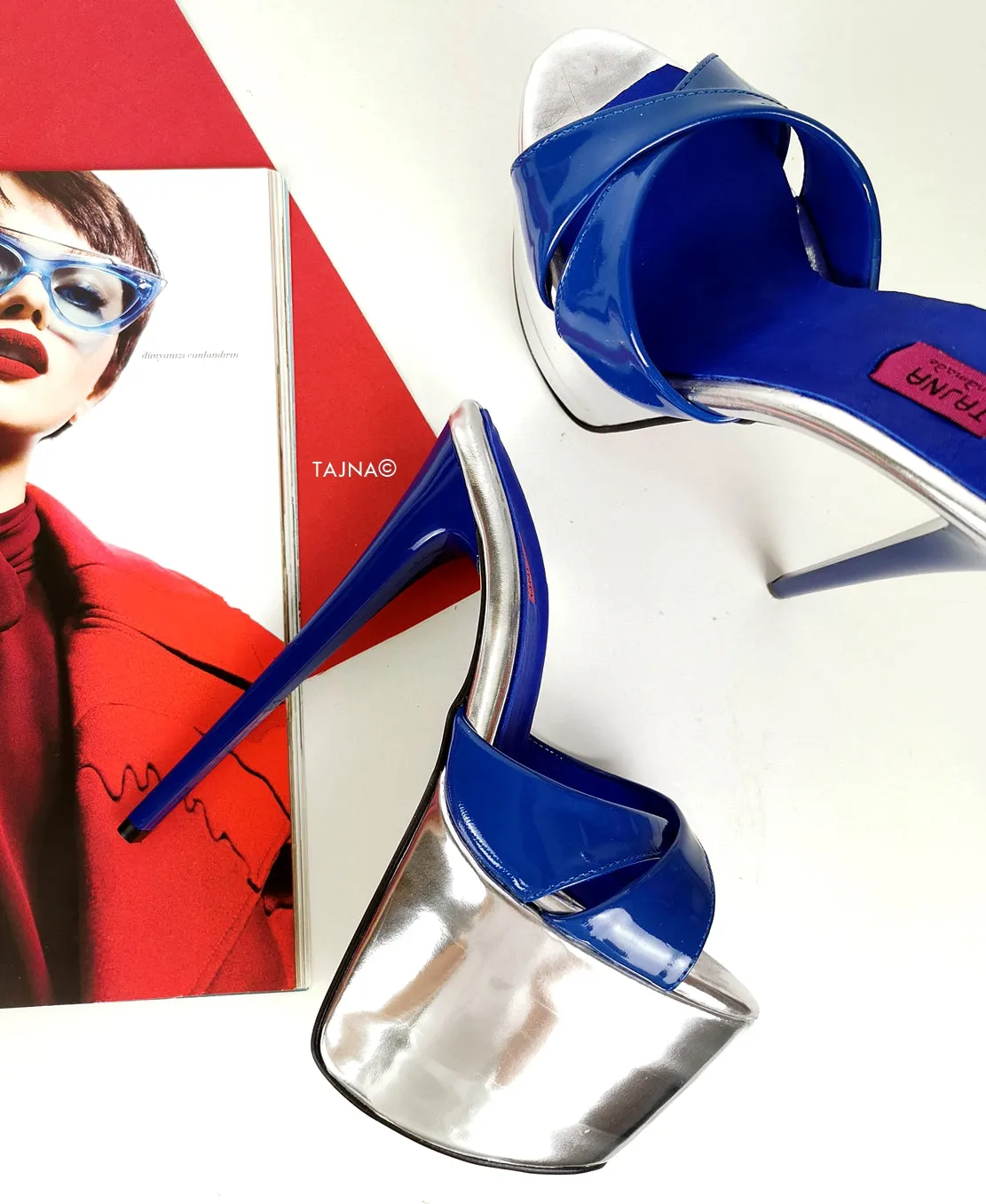 Genuine Leather Blue Silver Heel Mules