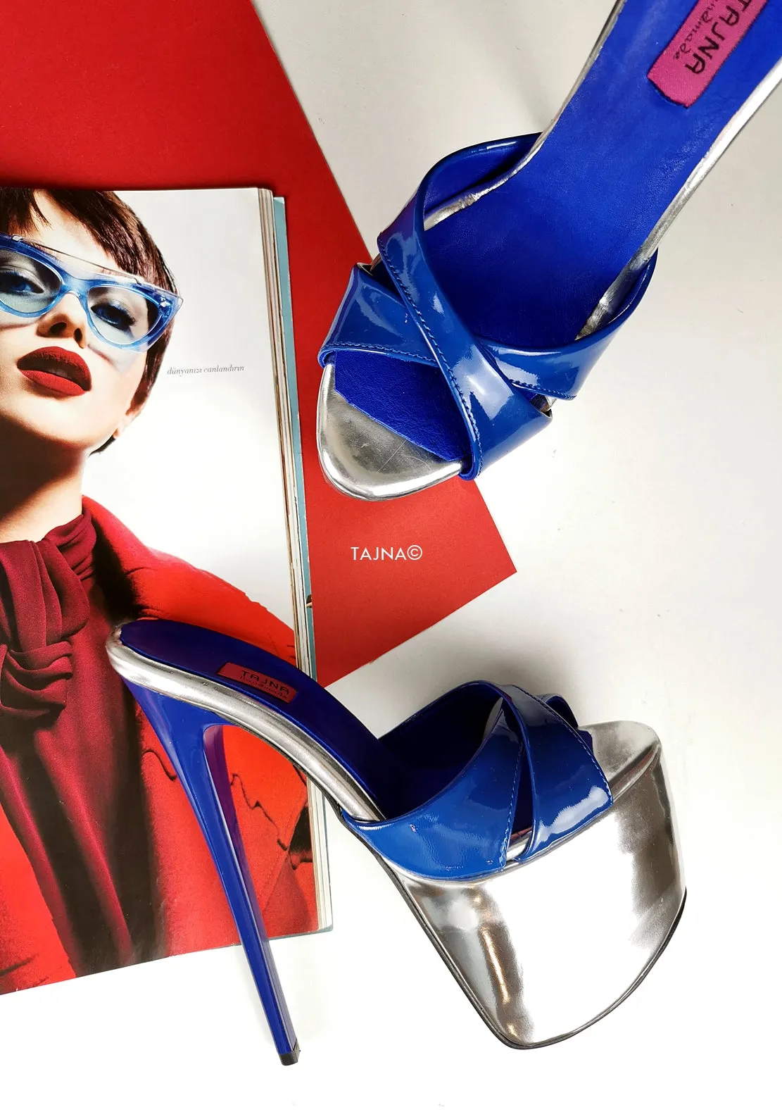 Genuine Leather Blue Silver Heel Mules