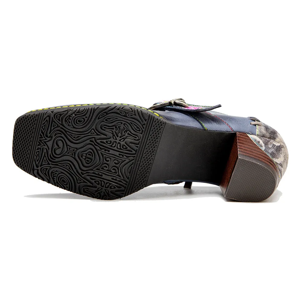 Hand-polished Leather Splicing Retro Casual Belt Buckle Comfortable Thick Heel Single Shoes