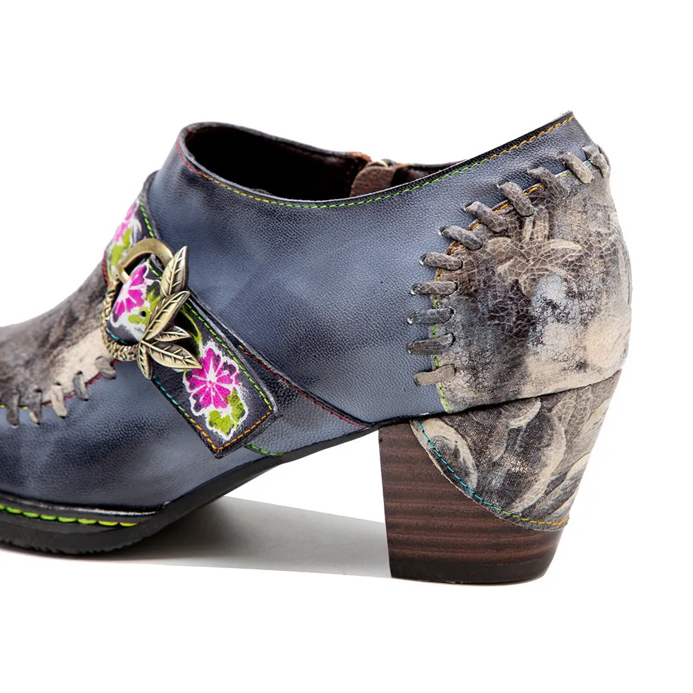Hand-polished Leather Splicing Retro Casual Belt Buckle Comfortable Thick Heel Single Shoes