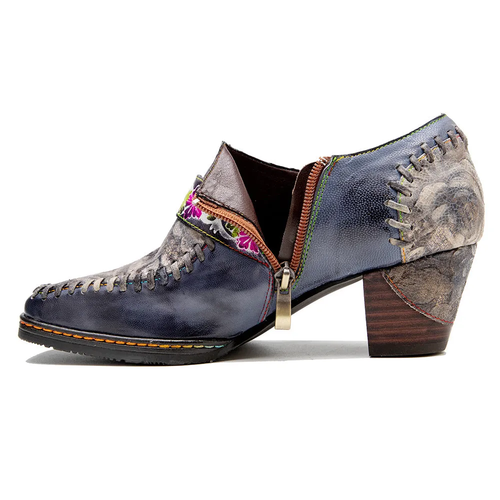 Hand-polished Leather Splicing Retro Casual Belt Buckle Comfortable Thick Heel Single Shoes