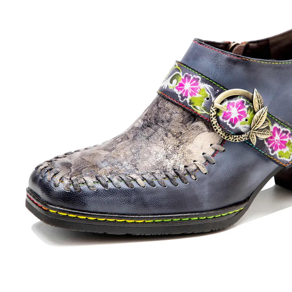 Hand-polished Leather Splicing Retro Casual Belt Buckle Comfortable Thick Heel Single Shoes