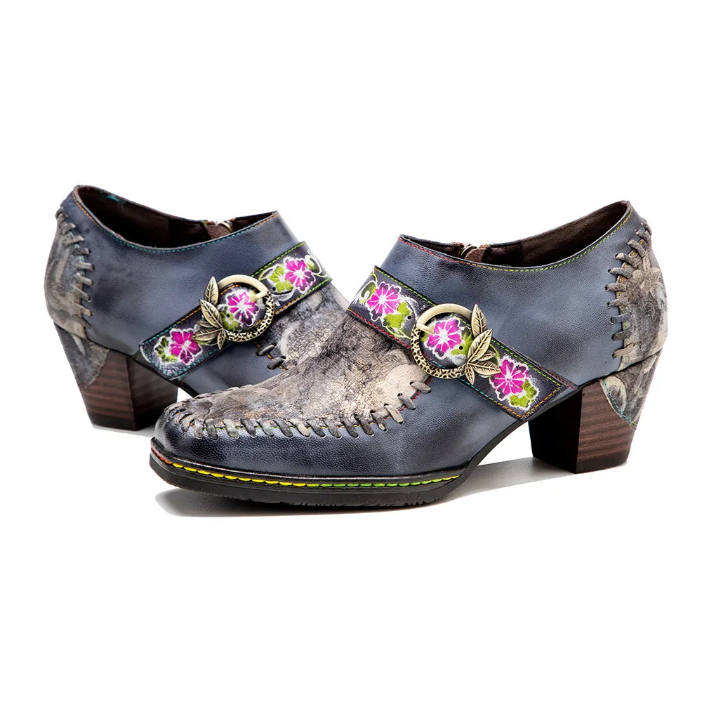 Hand-polished Leather Splicing Retro Casual Belt Buckle Comfortable Thick Heel Single Shoes
