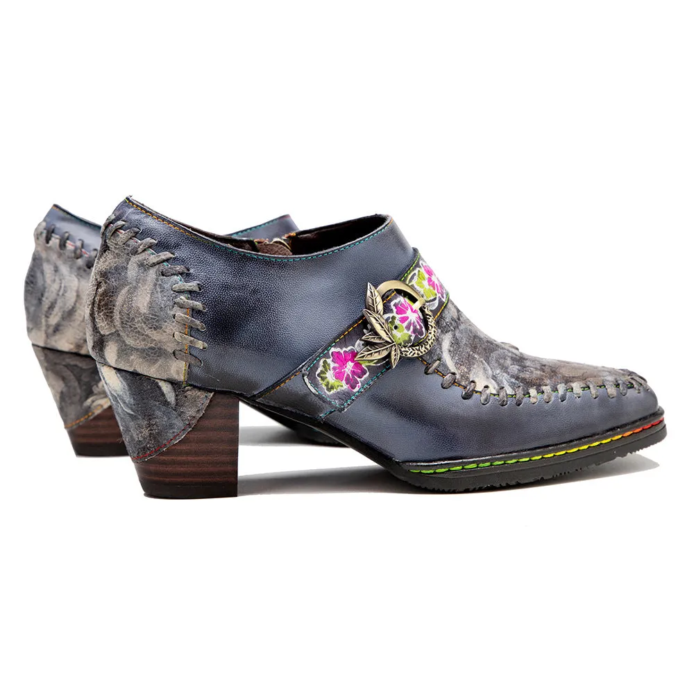 Hand-polished Leather Splicing Retro Casual Belt Buckle Comfortable Thick Heel Single Shoes