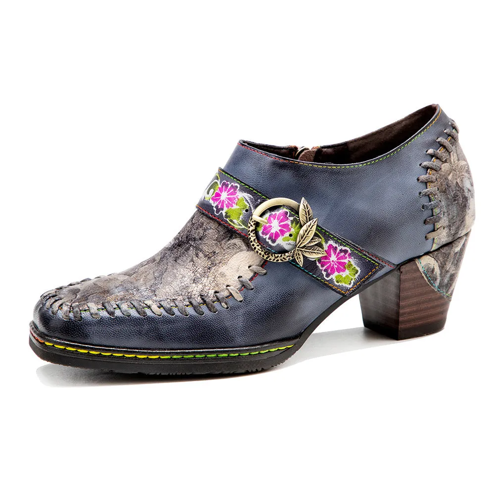 Hand-polished Leather Splicing Retro Casual Belt Buckle Comfortable Thick Heel Single Shoes