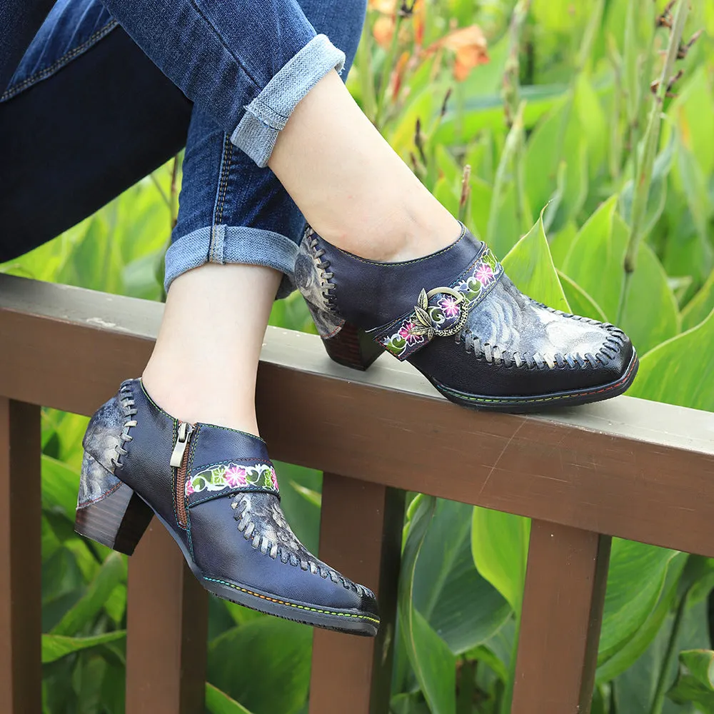Hand-polished Leather Splicing Retro Casual Belt Buckle Comfortable Thick Heel Single Shoes