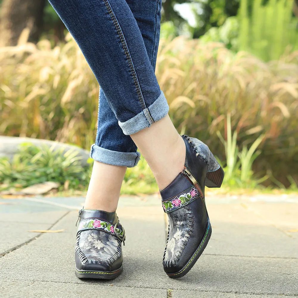 Hand-polished Leather Splicing Retro Casual Belt Buckle Comfortable Thick Heel Single Shoes