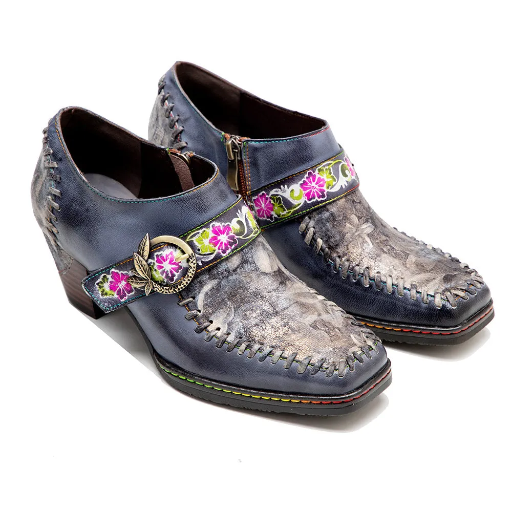 Hand-polished Leather Splicing Retro Casual Belt Buckle Comfortable Thick Heel Single Shoes