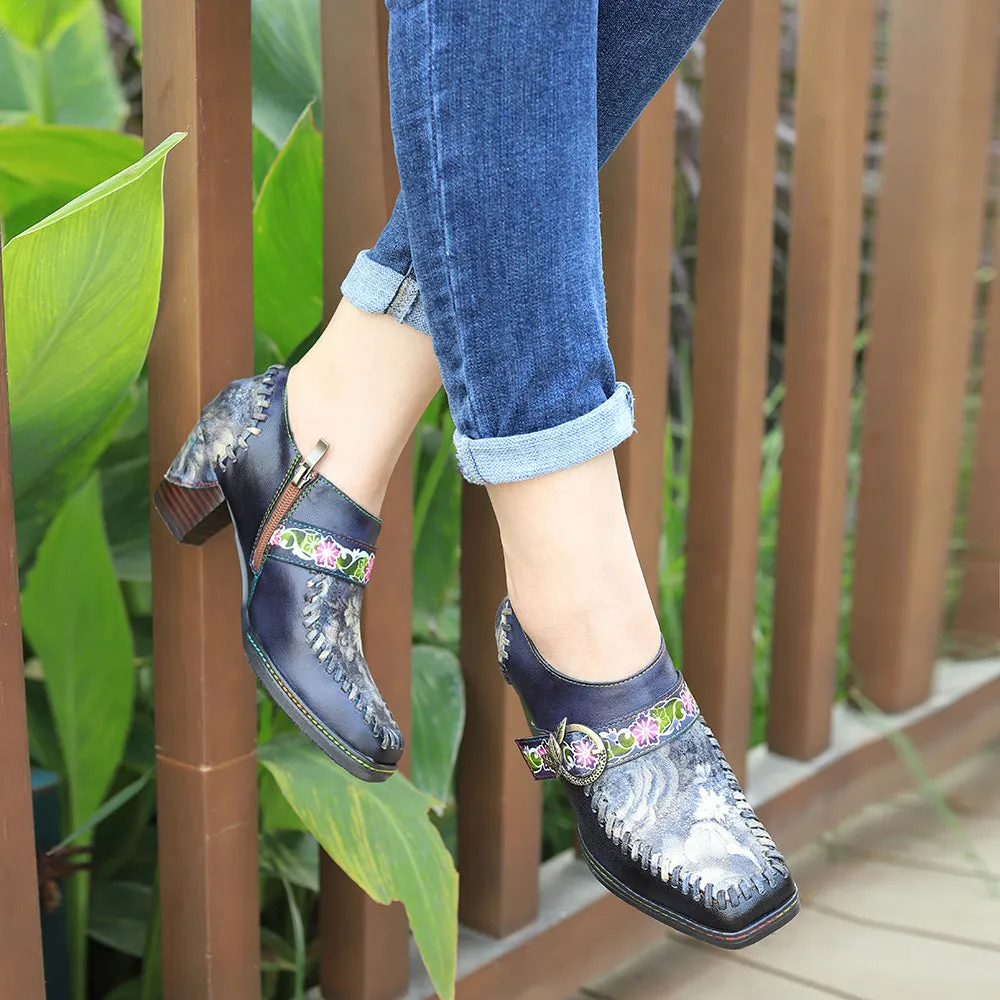 Hand-polished Leather Splicing Retro Casual Belt Buckle Comfortable Thick Heel Single Shoes