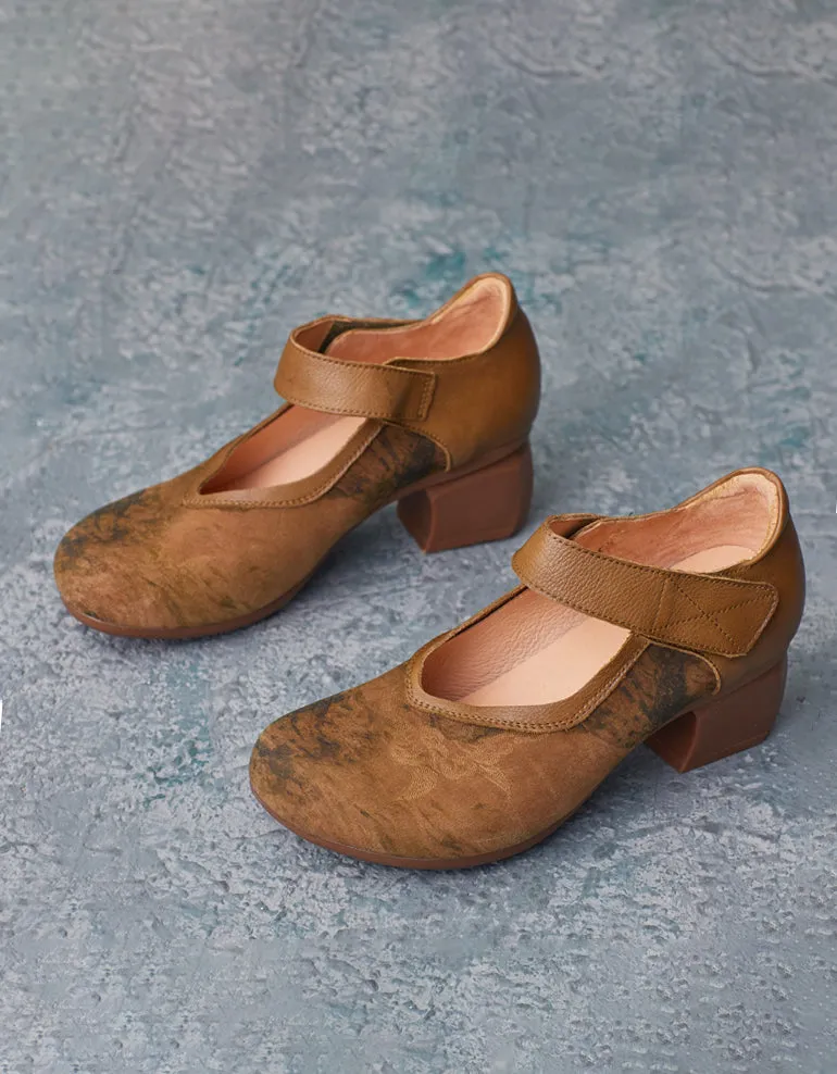 Handmade Printed Suede Ankle Strap Elegant Chunky Heels