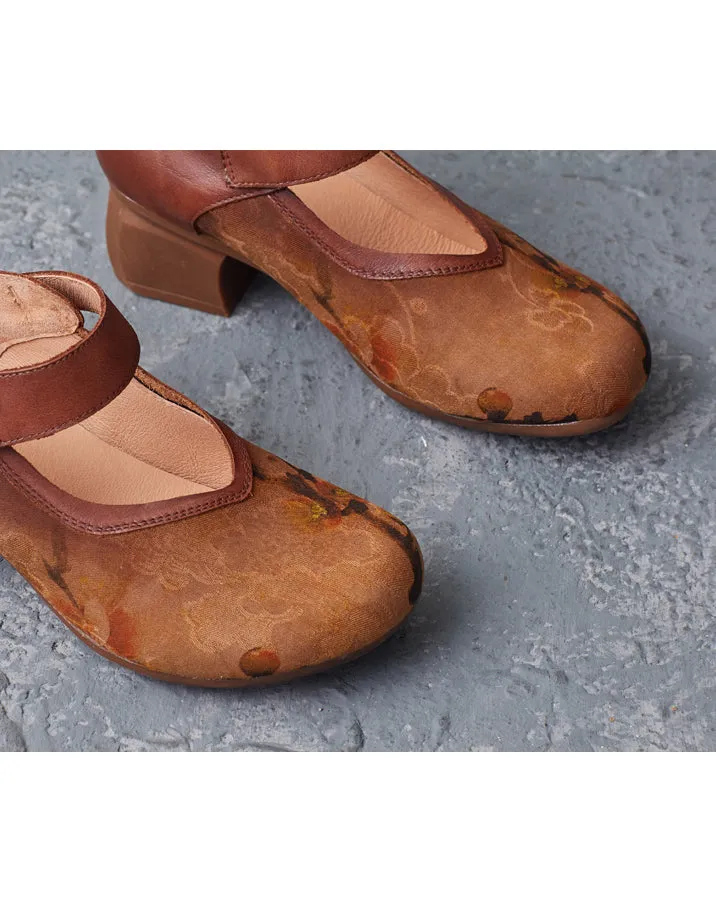 Handmade Printed Suede Ankle Strap Elegant Chunky Heels