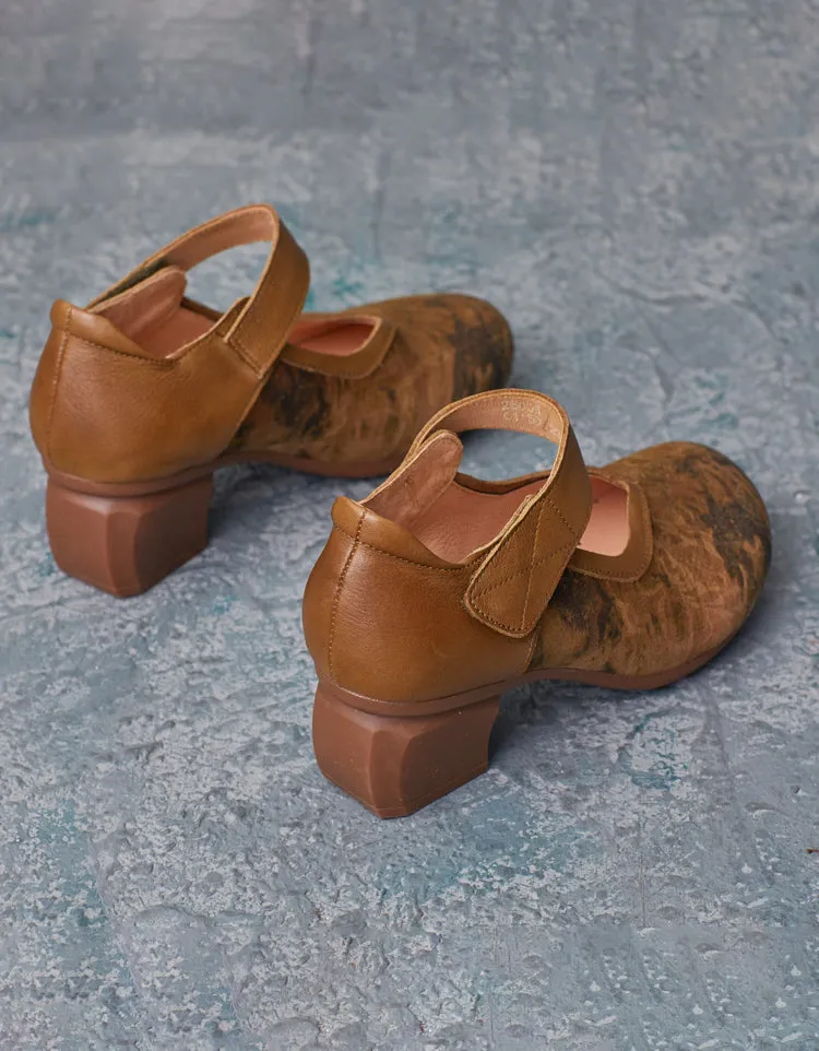Handmade Printed Suede Ankle Strap Elegant Chunky Heels