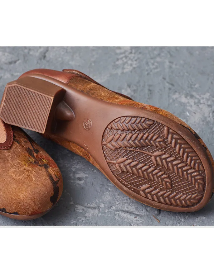 Handmade Printed Suede Ankle Strap Elegant Chunky Heels