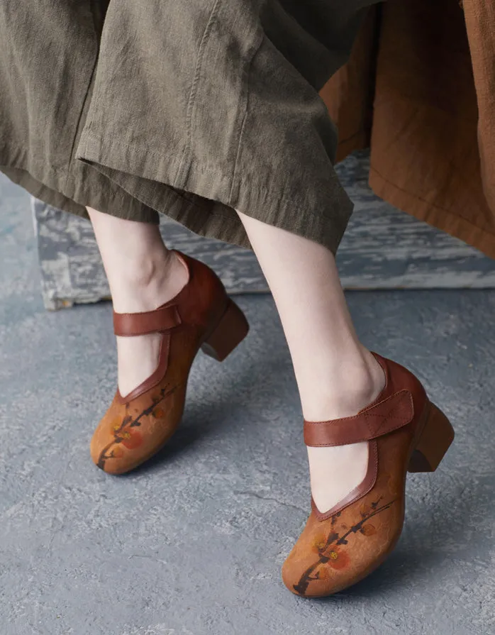 Handmade Printed Suede Ankle Strap Elegant Chunky Heels