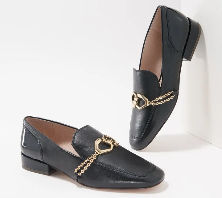 Louise Et Cie Everland Black Leather Scale Embossed Leather Chain Detail Loafers